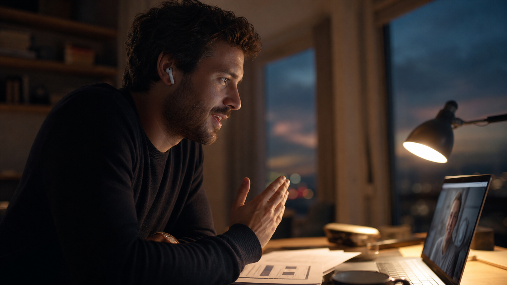 Man speaking on an evening video call with AirPods in, leaning into the conversation