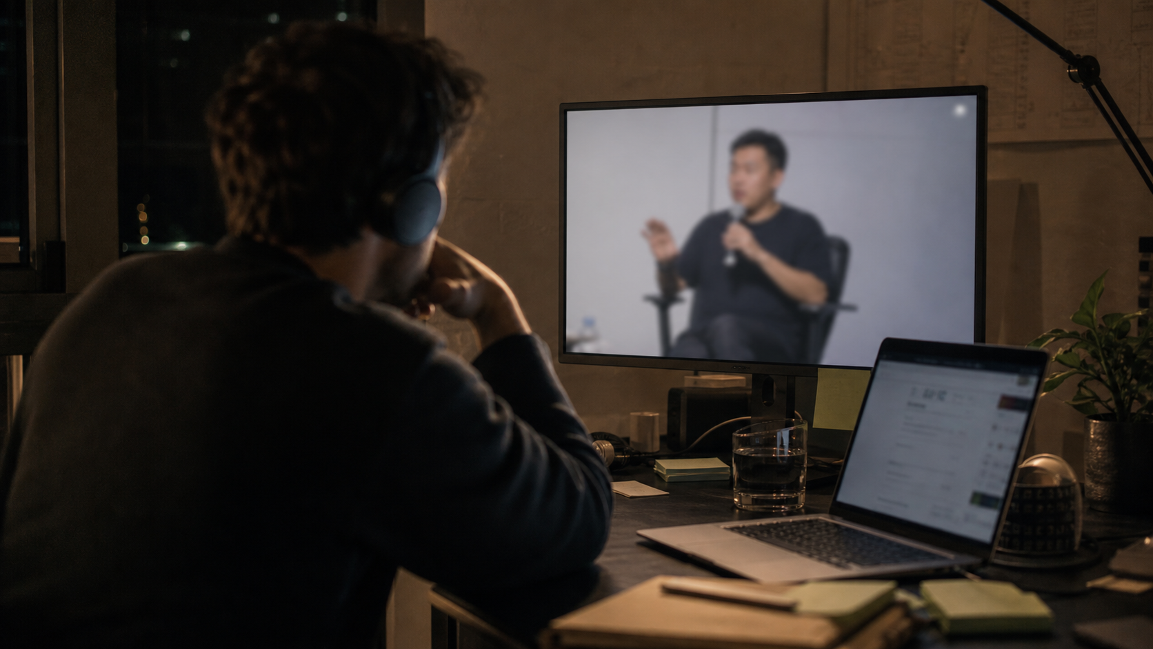 Man with headphones watching a talk on a monitor in warm evening light