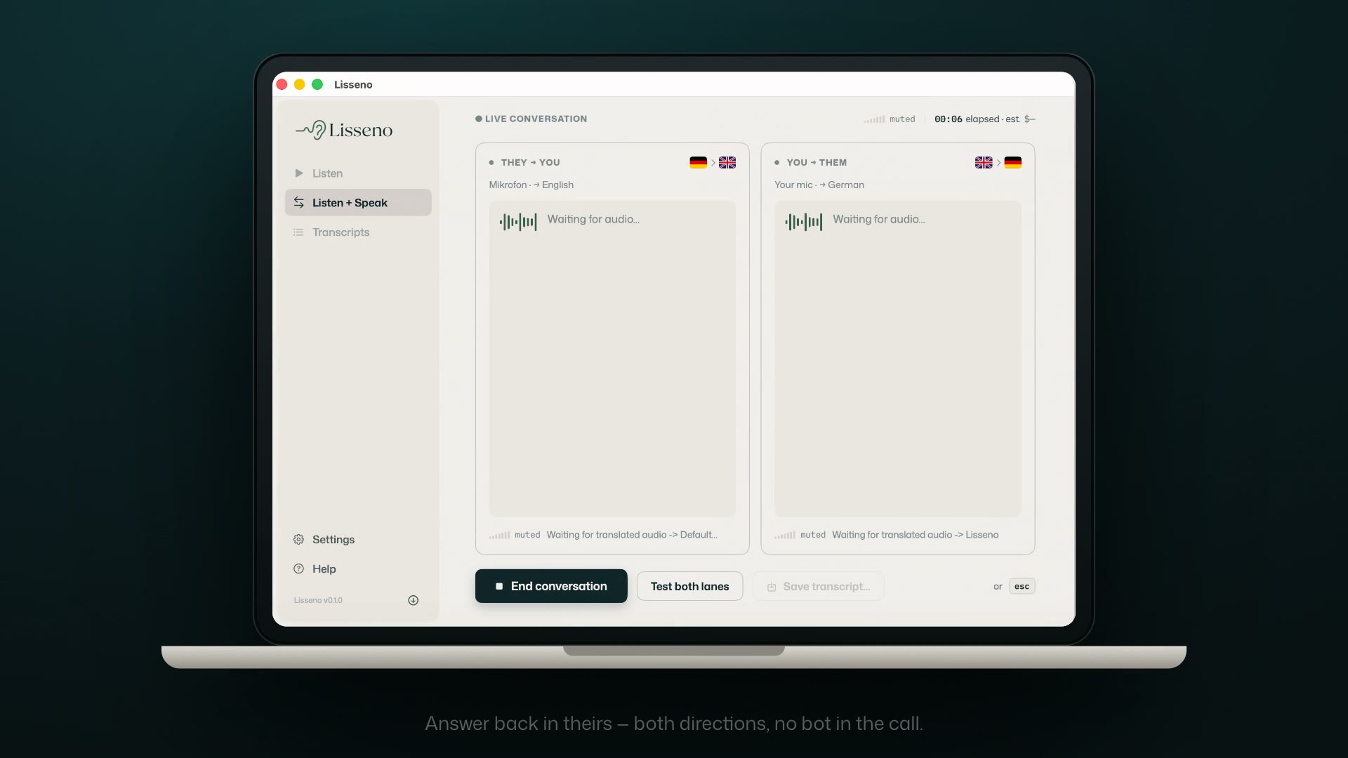 Lisseno on a MacBook — Listen + Speak live conversation view